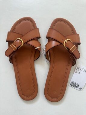NWT H&M Tan Leather Slide Sandals with Gold Buckles Size 10
